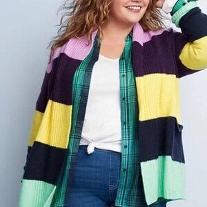 NEW EVRI Open Front Colorblock Striped Knit Multi Pockets Cardigan Cozy Z25
